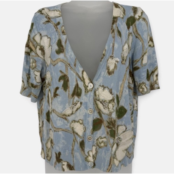 Talbots Sweaters - Talbots Sz L Floral V Neck‎ Short Sleeve Cardigan Embroidered Beaded Classic